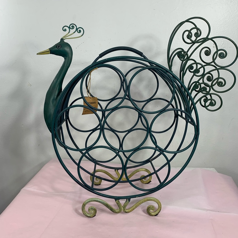 Pier One Peacock Wine Rack 7 Bottles  Green Wrought Iron New